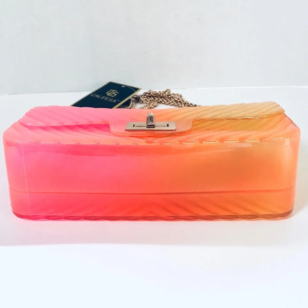 NWT Caleesa Jelly Crossbody Shoulder Bag Pink Yellow Ombre Chevron Design Flap